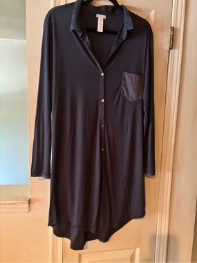 Hanro Navy Relaxed Long-Sleeve Button-Down Slip Shirt